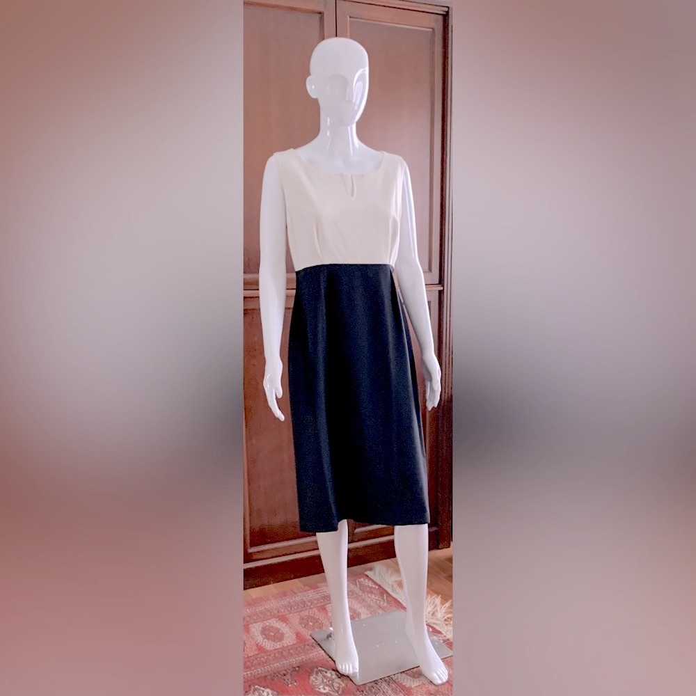 White & Navy blue long sleeveless straight pencil dress just at knee length